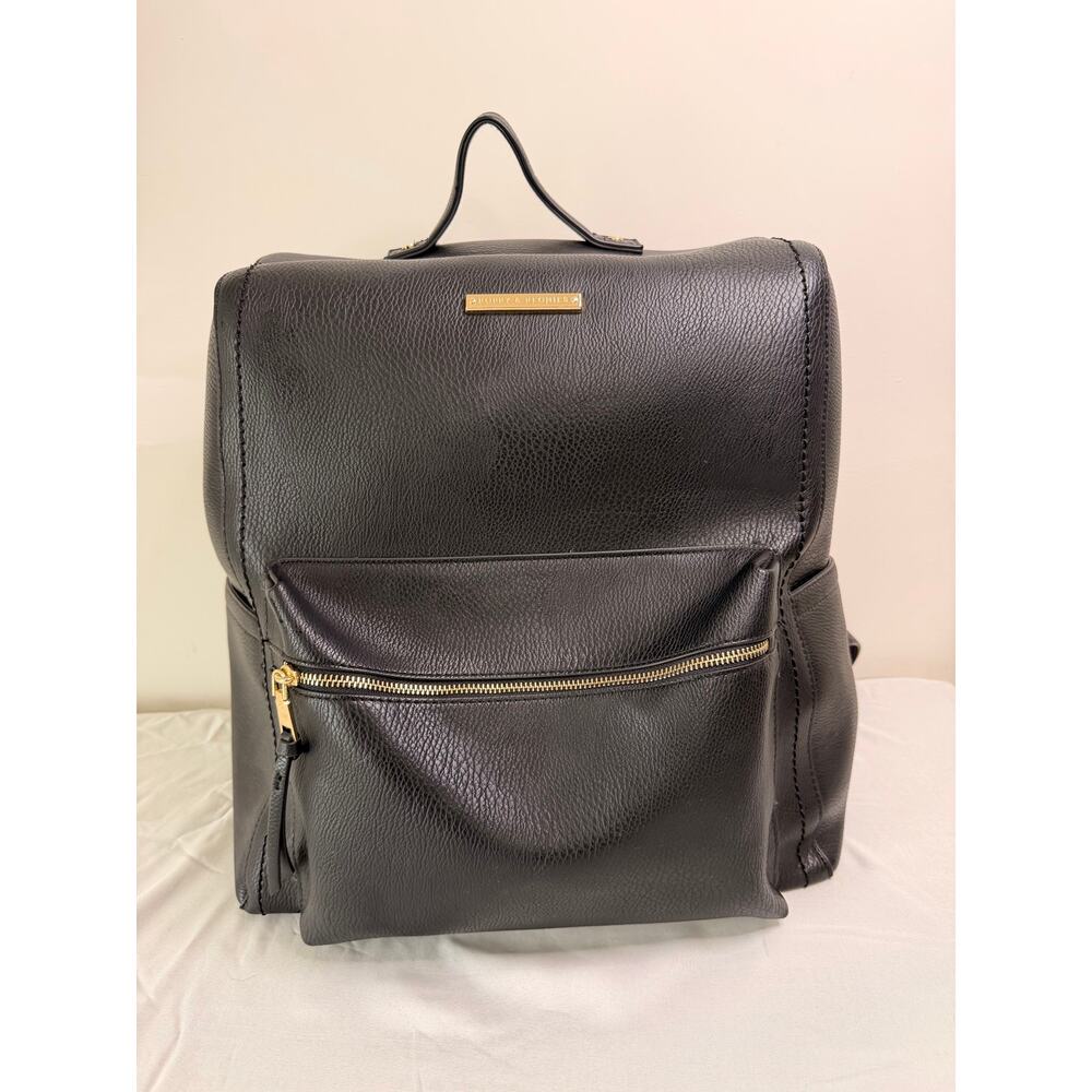 Poppy & Peonies Nomad Backpack Black Vegan Leather Laptop Diaper Bag Pink Inside